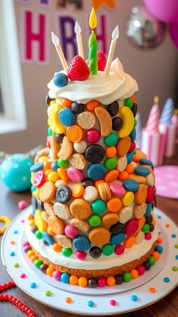 A creative two-tiered birthday cake made from snacks, decorated with candies and fruits.